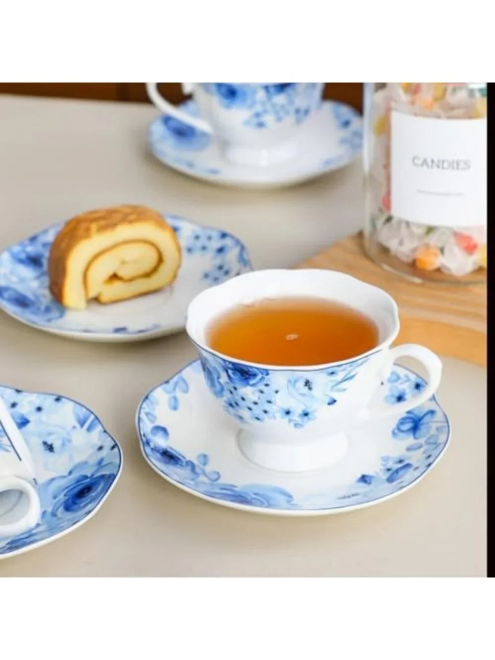 Elegant Blue Floral Porcelain Tea Cup & Saucer Set of 6 - Perfect for Tea Lovers